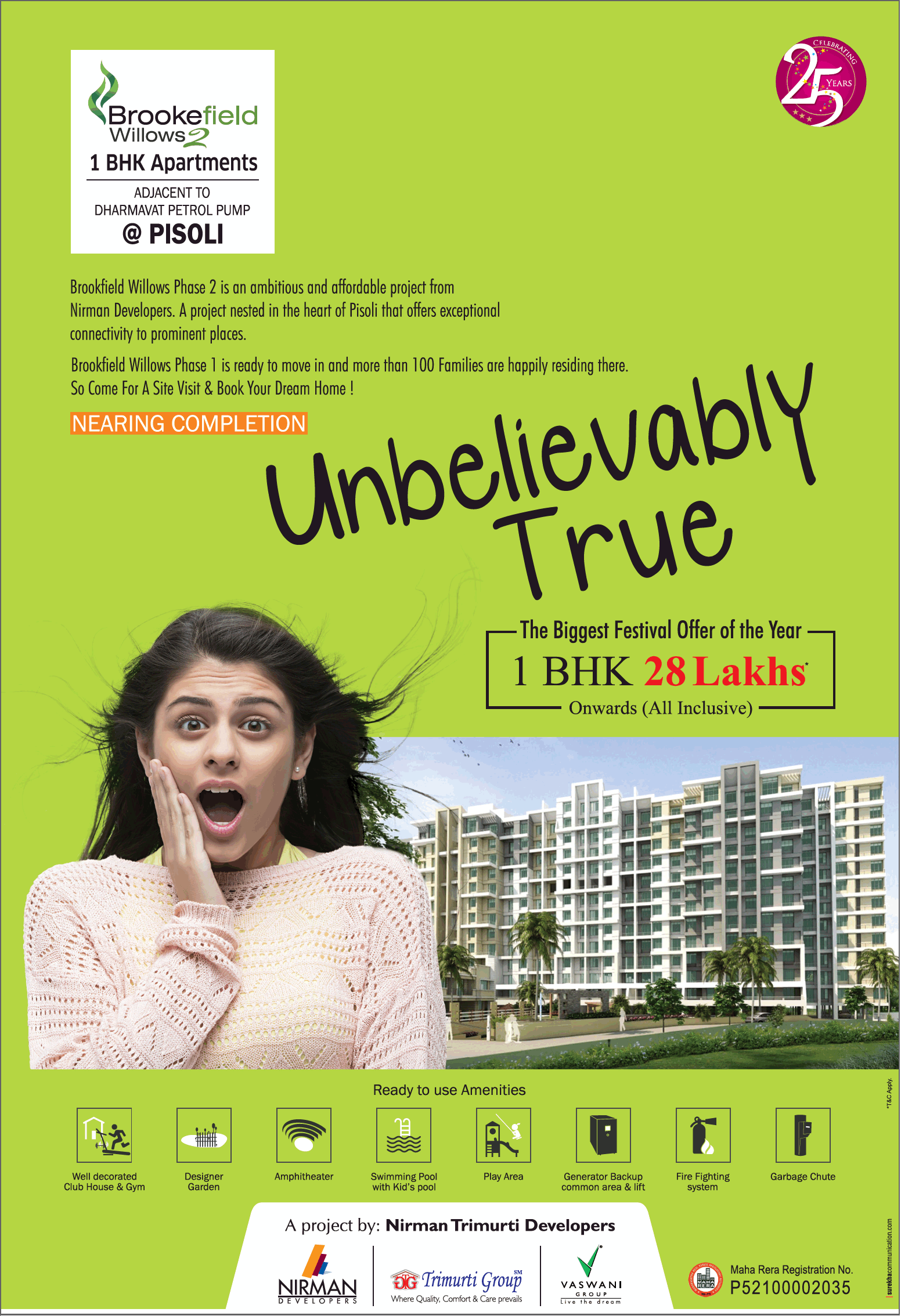 Nirman Brookefield Willows presents 1 bhk apartment at Rs. 28 lakhs in Pisoli, Pune